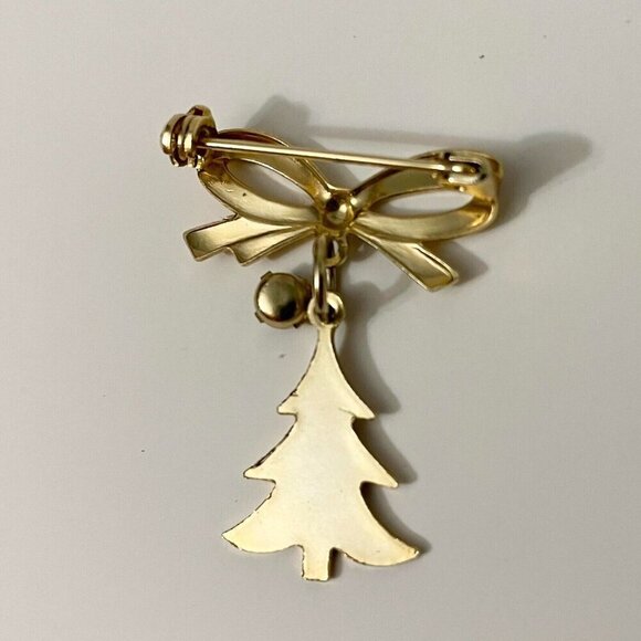 Vintage Christmas Pin Brooch Bow Tree Green Rhinestone Dangle - Picture 6 of 12